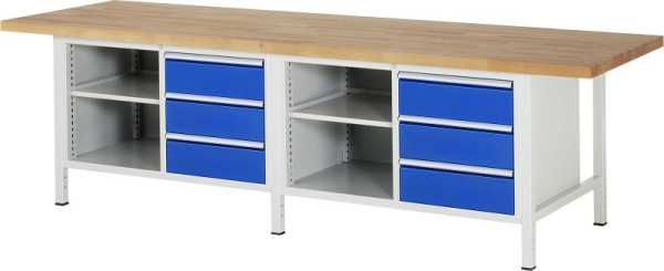 RAU werkbank serie 8000 - frameconstructie (gelast frame), dubbele onderbouw bak (1x legbord, 3x lade), 3000x840x900 mm, 03-8462A2-309B4S.11