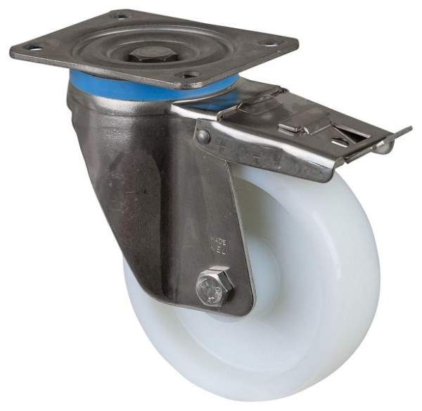 BS Rolls RVS zwaarlastwiel met rem, breedte 45 mm, Ø150 mm, tot 700 kg, oppervlak/lichaam kunststof, RVS rollager, HS120.B14.150