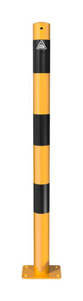 Schake afzetpaal stalen buis Ø 60 x 2,5 mm geel/zwart, stationair, voor plugbevestiging met voetplaat 100 x 150 mm, zonder oog, 460PBG