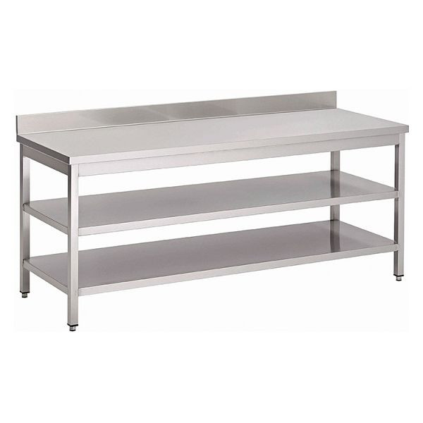 Gastro-Inox RVS AISI 430 werktafel met dubbele bodem en opstand, 1200x700x850mm, versterkt met 18 mm, gecoate spaanplaat, 301.330