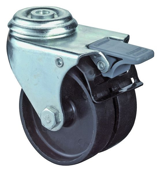 BS rollenapparaat dubbele rol met rem, B2x23 mm, Ø75 mm, tot 100 kg, zwart kunststof oppervlak, glijlager, VE 4 stuks, B121.A90.076