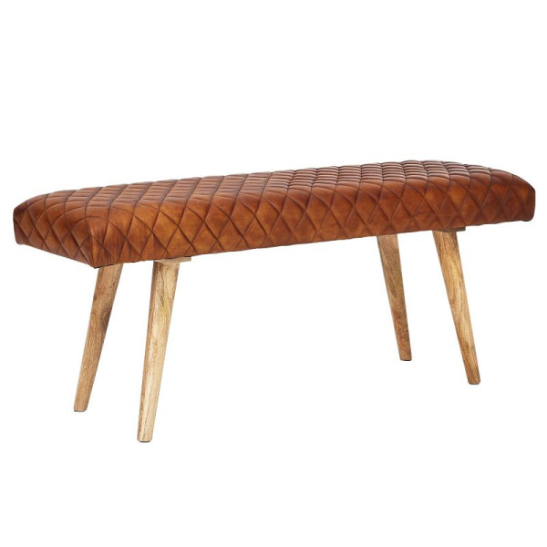 Wohnlingbank echt leer / massief houten bank 115x53x38 cm, bruin, WL6.091