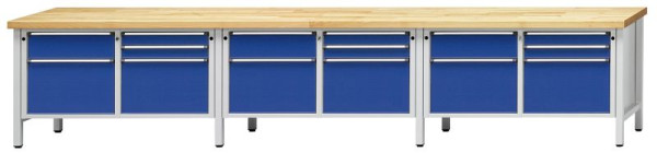 ANKE kastwerkbank; 3 werkplekken; 4050x700mm; Links 2 laden 180, 360 mm; Rechts 3 laden 90, 90, 360 mm
