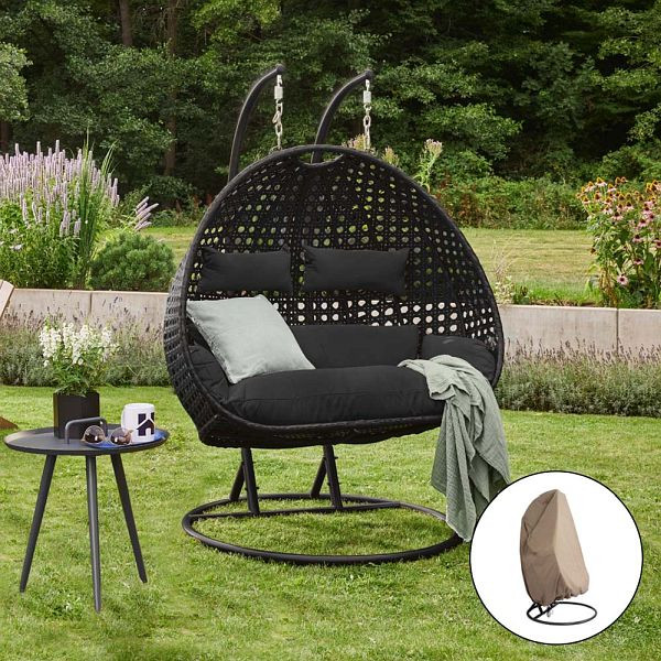 HOME DELUXE polyrotan hangstoel TWIN - zwart met regenhoes, 49582