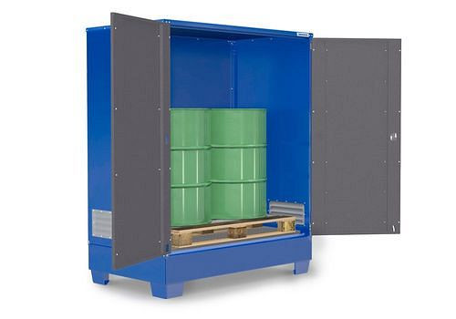 DENIOS SteelSafe gevaarlijke stoffen depot D2, met deuren, voor 2 vaten op een europallet, 1400 x 950 x 1915 mm, 291-036