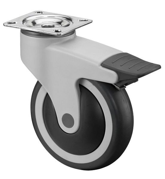 BS rollen Kunststof rol met rem, breedte 32 mm, Ø125 mm, tot 100 kg, grijs rubberen loopvlak, kunststof wiellichaam, kogellager, plaat, C120.A82.125