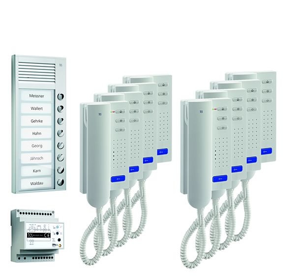 TCS deurbediening audio: pack AP voor 8 wooneenheden, met buitenpost PAK 8 belknoppen, 8x deurtelefoon ISH3030, bedieningseenheid BVS20, PPA08-EN / 02