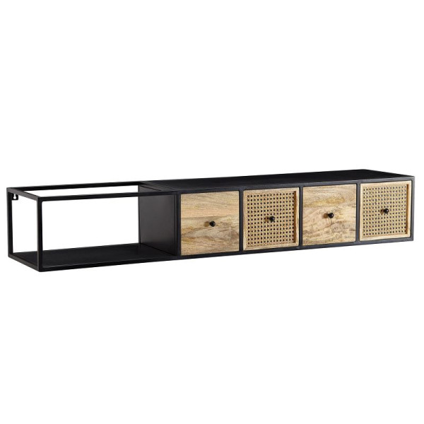 Wohnling Lowboard hangend mango massief hout / metaal 150x25x35 cm tv-meubel zwart, design tv-tafel Weense vlecht modern, WL6.588