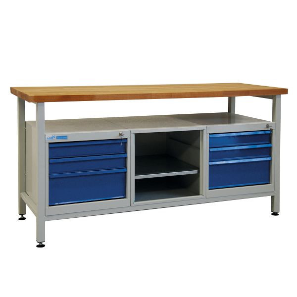 ADB werkbank 6 laden + 1 legborddeel, 1700x600x840 mm, kleur werktafel: lichtgrijs, RAL 7035, kleur deur/lade: lichtblauw (RAL 5012), 42751