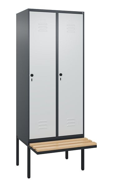 C+P Umkleidespind Classic PLUS, 2 Abteile, 2120x800x815mm, 7016/7035, Drehriegel, Buche-Sitzleisten, je 2 Doppel-Haken, 0800407-22F S10013