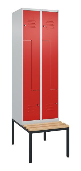 C+P Z-Spind Classic PLUS, mit untergebauter Sitzbank, 4 Abteile, 2120x600x815mm, 7035/3020, Zylinderschlösser, Buche-Sitzleisten, 0800537-204 S10017