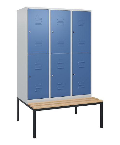 C+P dubbeldekskast Classic PLUS, 3 compartimenten, 1950x1200x815mm, 7035/5023, cilindersloten, beukenhouten zitlatten, bank, 0803505-32 S10035