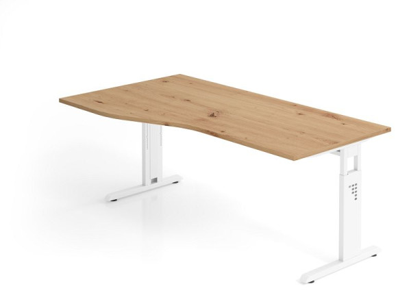 Hammerbacher bureau OS18, 180 x 100/80cm, blad: knoestig eiken, 25 mm dik, C-poot frame in wit, werkhoogte 65-85 cm, VOS18/R/W