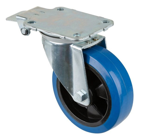 BS Castors Zwenkwiel met centrale rem, blauwe elastische banden, kunststof velg, kogellager, plaat, diameter: 160 mm, L440.B62.160