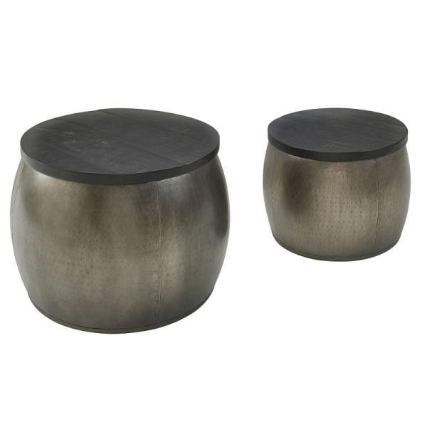 Wohnling Design salontafel set van 2 mango massief hout rond zilver, afneembaar deksel, WL6.337