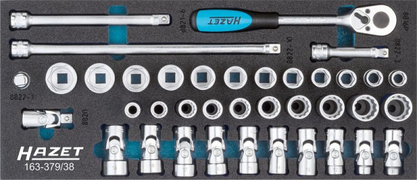 Hazet dopsleutelset, hol vierkant 10 mm, uitwendig dubbel zeskant trekprofiel, uitwendig zeskant trekprofiel, aantal gereedschappen: 38, 163-379/38