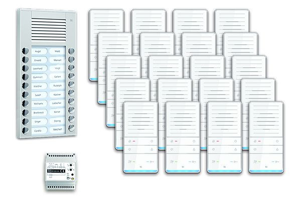 TCS deurbediening audio: pack AP voor 20 woonunits, met buitenstation PES 20 belknoppen, 20x handsfree luidspreker ISW5031, bedieningsunit BVS20, PAAF202 / 001