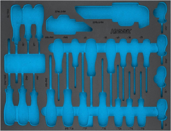 Hazet 2-componenten zachtschuim inleg, voor 163-526/41 Afmetingen / lengte: 519 mm x 392 mm Organisatiesysteem maat: 3/3+ (519 x 392 mm), 163-526L