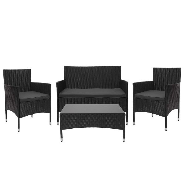 Mendler poly rotan set HWC-F55, balkon/tuin/loungeset bank zitgroep, zwart, donkergrijze kussens, 69814