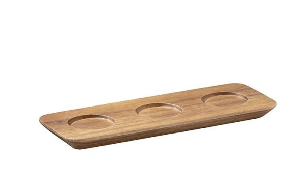 APS serveerplank -NARROW-, 22 x 8 cm, hoogte: 1,5 cm, acaciahout, met 3 uitsparingen Ø 4 cm, 00864