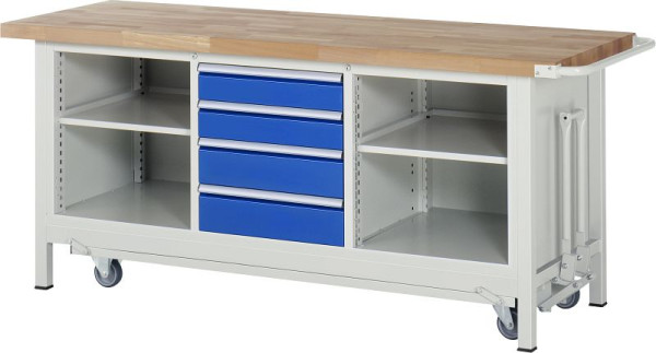 RAU neerlaatbare werkbank model 8566, 2000x700x880mm, drievoudige onderbouw container, links: plank, midden: 2x120, 2x150mm, rechts: plank, 05-8566A2-207B4F.11
