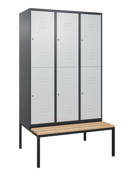 C+P dubbeldekskast Classic PLUS, 3 vakken, 2120x1200x815mm, 7016/7035, cilindersloten, beukenhouten zitlat, bank, 0803507-32 S10103