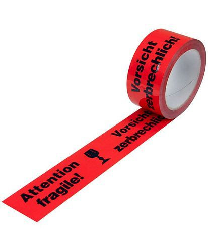 DENIOS waarschuwingstape, PP, opdruk Let op kwetsbaar, in signaalrood, 50 mm breed x 66 m, verpakking: 12 rollen, 299568