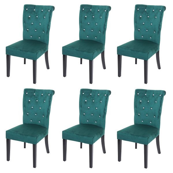 Mendler Set van 6 eetkamerstoelen HWC-D22, stoel keukenstoel, noppenfluweel, donkergroen, zwarte poten, 3x74562