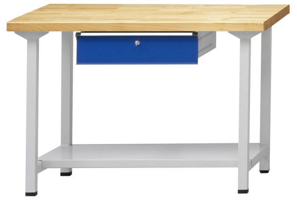 ANKE werktafel; 1270x700 mm; RAL 7035/5010; 1xHängeschublade; 1x opbergvak van 500 mm diep plaatstaal