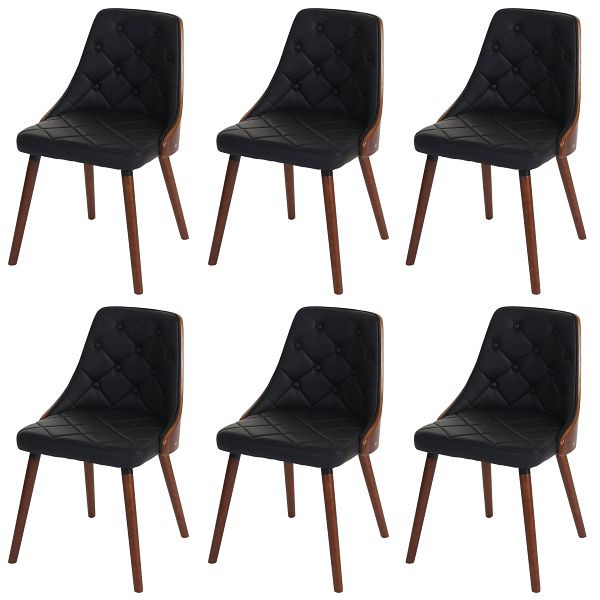 Mendler set van 6 eetkamerstoelen HWC-A75, bezoekersstoel, keukenstoel, walnoot look gebogen hout, kunstleer zwart, 48417+48417+48417