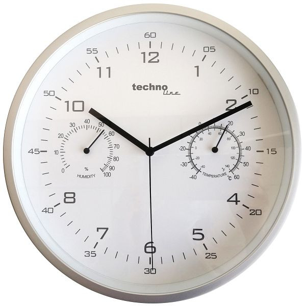 Technoline quartz wandklok, kunststof frame, afmetingen: Ø 250 mm, interne temperatuurweergave, interne luchtvochtigheidsweergave, WT 653
