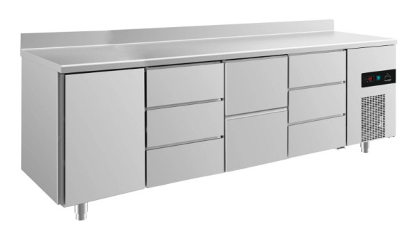 A&S Polarny koeltafel -2 tot +8°C met deur links, twee laden rechts midden en 2x drie laden, 2330 x 700 x 850 mm, met opstaande rand, KT4TDZDA