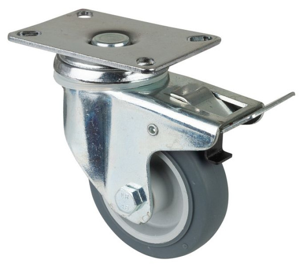 BS-wielen Zwaar apparaatwiel met rem, breedte 21 mm, Ø80 mm, tot 80 kg, grijs rubber, glijlager, plaat, VE = 4 stuks, C120.A80.081