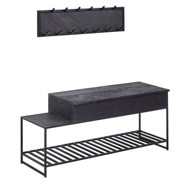 Wohnling bank met wandkast zwarte mango massief houten schoenenbank 110 cm, industriële hal design garderobeset, WL6.637