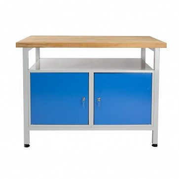 ADB werkbank met 2 deuren en plank, afmetingen: 1200x600x840mm (BxDxH), kleur werktafel: grijs, RAL 7035, kleur deur: lichtblauw, RAL 5012, 41924