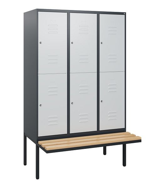 C+P dubbeldekskast Classic PLUS, 3 compartimenten, 1950x1200x815mm, 7016/7035, cilindersloten, beukenhouten zitlatten, zitting, 0803405-32 S10043