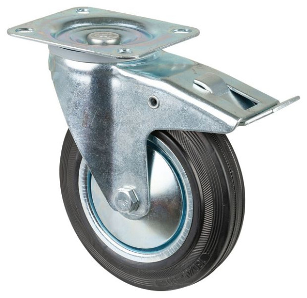BS rollen transportrol met rem, breedte 45 mm, Ø180 mm, tot 170 kg, zwart rubber, rollager, plaat, VE 2 stuks, L420.B55.181