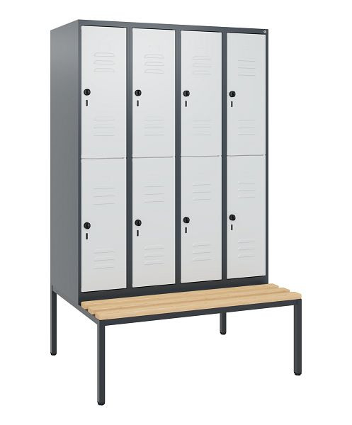 C+P Doppelstöckiger Spind Classic PLUS, 4 Abteile, 1950x1200x815mm, 7016/7035, Drehriegel, Buche-Sitzleisten, mit untergebauter Sitzbank, 0803505-40 S10013