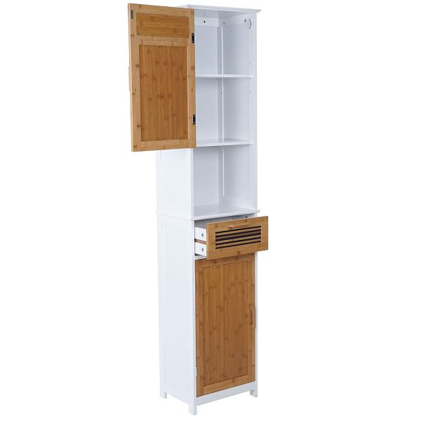 Mendler hoge kast HWC-A85, badkamerkast badkamerplank bamboe, 180x40x31cm wit, 57142