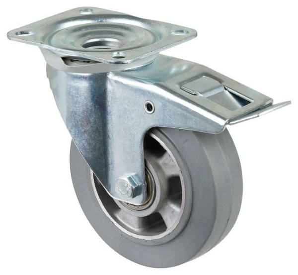 BS rollen transportrol met rem, breedte 50 mm, Ø160 mm, tot 300 kg, grijze elastische banden, aluminium wiellichaam, kogellagers, L420.B83.160