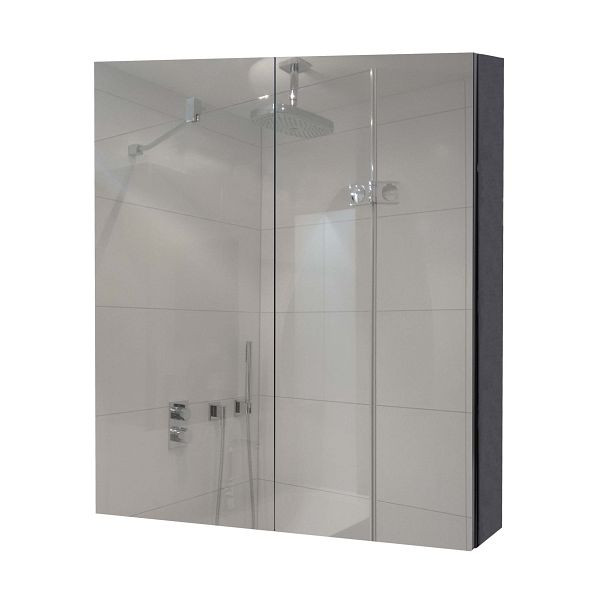 Mendler spiegelkast HWC-B19b, badkamerkast bovenkast, 2 planken hoogglans 70x60x16cm, zwart, 97809