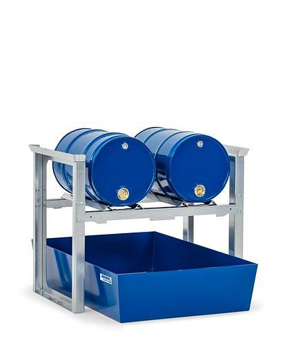 DENIOS vatenrek voor 2 vaten van elk 60 liter, met stalen bak, 1049 x 1236 x 837 mm, 291-778