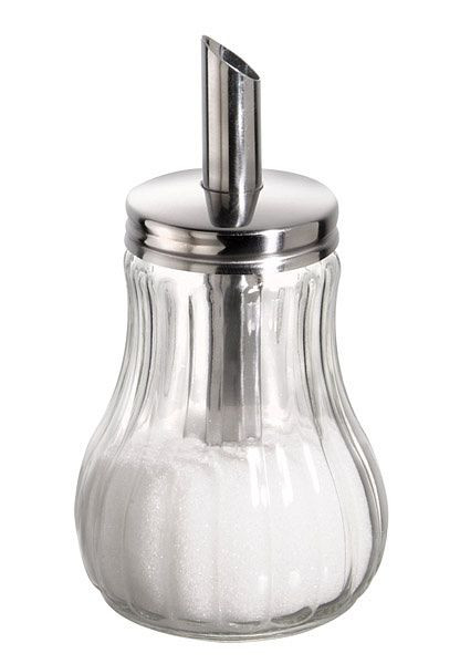 APS suikerdispenser, Ø 8 cm, hoogte: 15 cm, 250 ml, gecanneleerde glazen container, roestvrijstalen schroefdeksel, met doseerbuisje, 40486