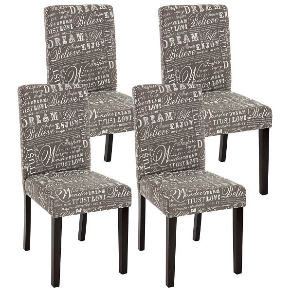 Mendler set van 4 eetkamerstoelen, keukenstoelen, Littau, textiel met opschrift, grijs, donkere poten, 33710
