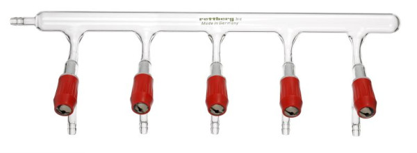 Rettberg vacuümverdeelhark, met 5 PTFE vacuümventielen 0 - 6 mm, verstelbaar, borosilicaatglas 3.3, 134030155