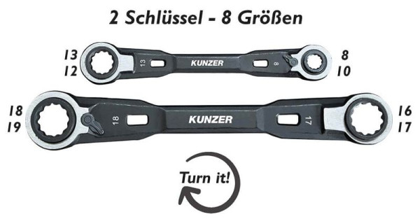 Kunzer ratel-ringsteeksleutelset, 4-1 (2-delig), 7RRS02