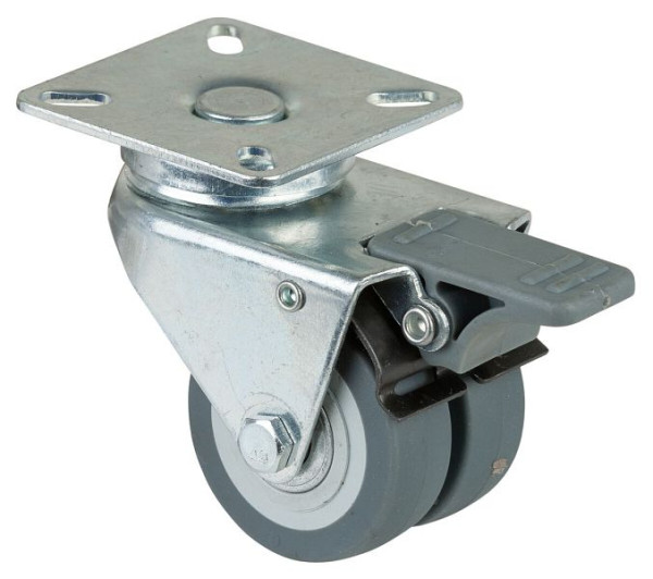 BS rollenapparaat dubbele rol met rem, breedte 2x18 mm, Ø50 mm, tot 60 kg, grijs rubberen loopvlak, kogellager, verpakking van 4, B120.A85.050