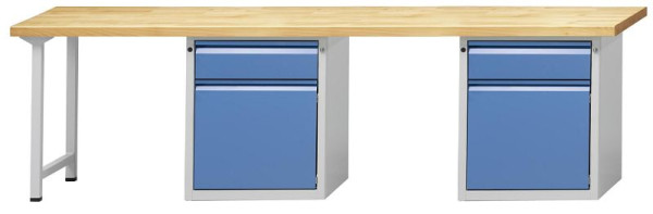 ANKE combinatie werkbank 2 werkstations; 2800x700mm; RAL7035 / 5012; In het midden en rechts 1 plintkast, 1 lade 170 mm