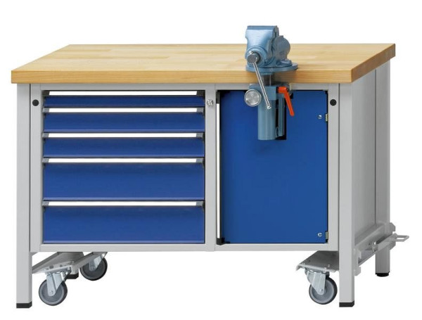 ANKE mobiele werkbank; met aandrijfinrichting; 1270x700mm; Beuk massieve plaat; Plaat randbescherming; Links 5 laden Rechts schroefcompartiment