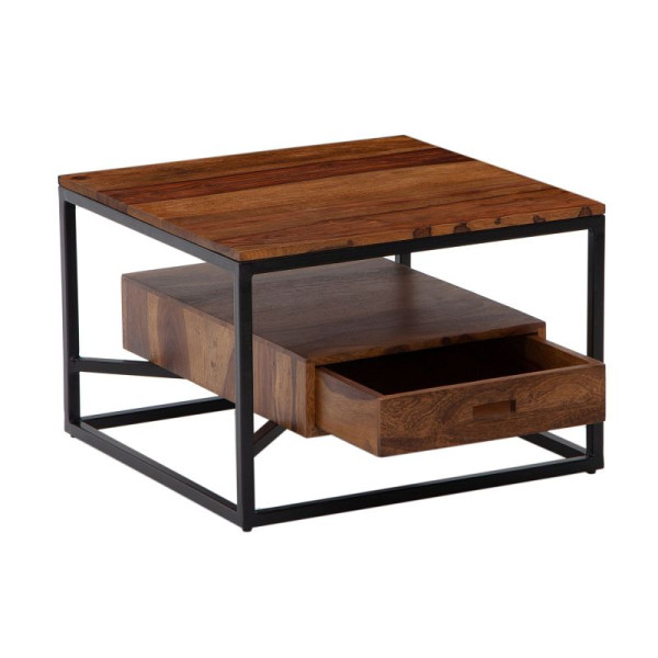 Wohnling salontafel 60x60x40 cm sheesham massief hout/metaal banktafel vierkant design woonkamertafel salontafel massief met lade WL6.721